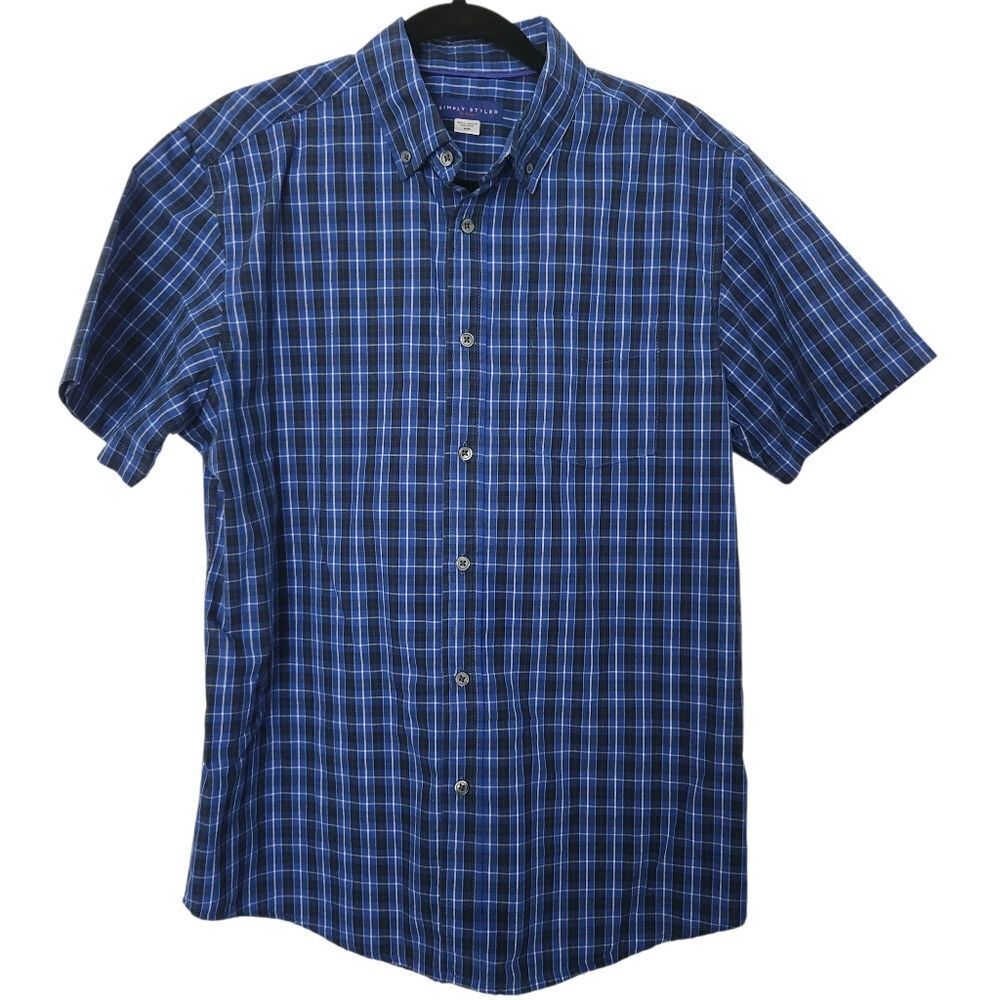 Simply Styled by Sears Mens Blue Plaid Button Front Short Sleeve Shirt Size Med